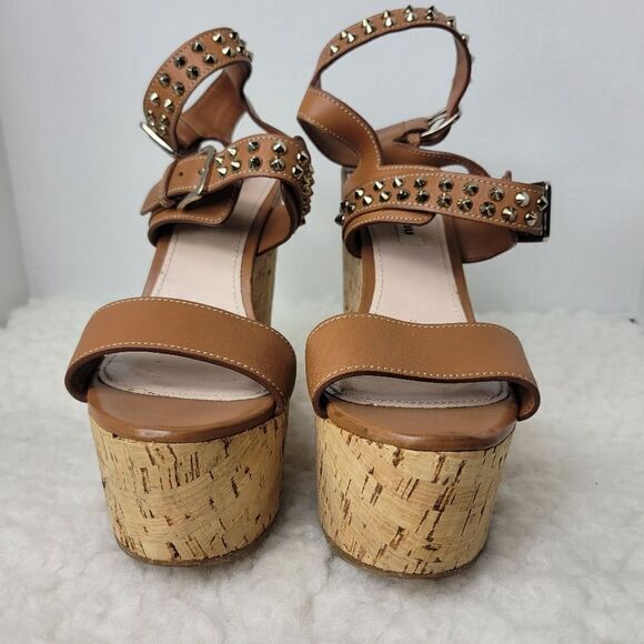 Miu Miu Women's Size 8.5 Brown Studded Spike Ankle Cork Platform Wedge  Sandals - Picture 3 of 9